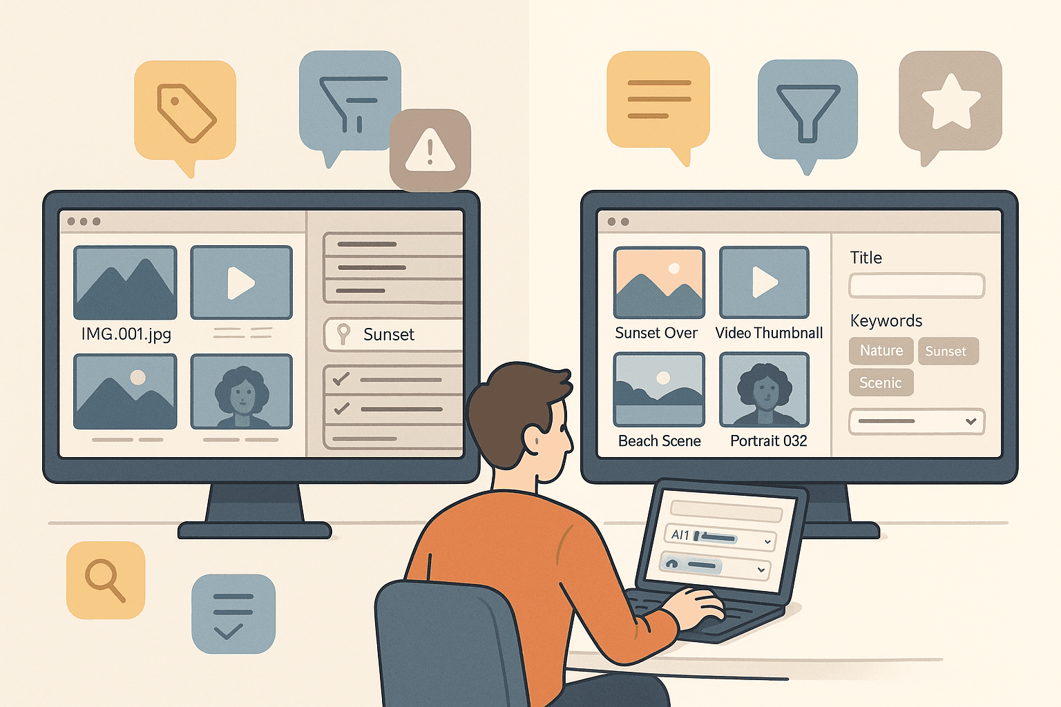 Illustration showing metadata mistakes like vague file names and inconsistent tags contrasted with a clean Digital Asset Management system