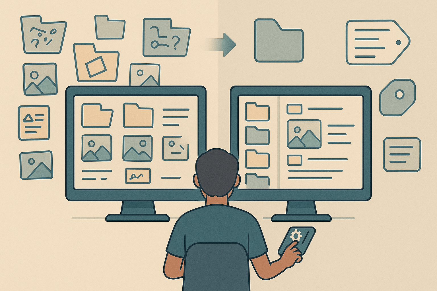 Illustration of a digital workspace transitioning from disorganized folders to a structured Digital Asset Management system with clean folders, searchable tags, and rich metadata