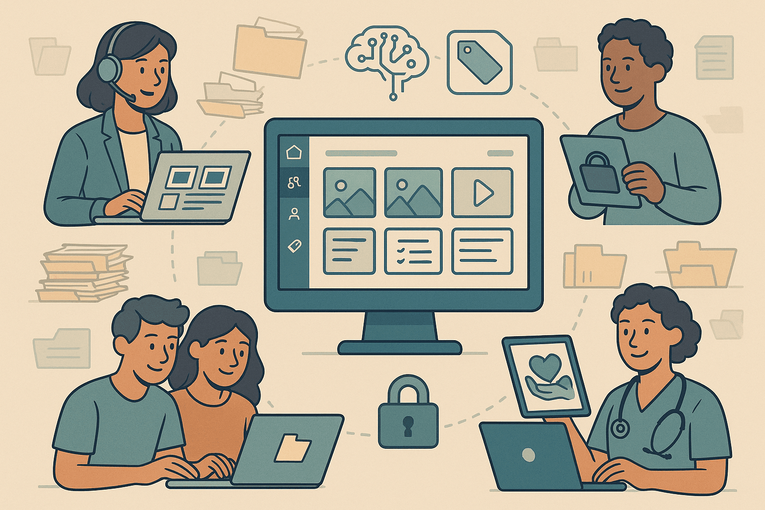 Illustration of professionals from various industries using a centralized Digital Asset Management system to organize media assets