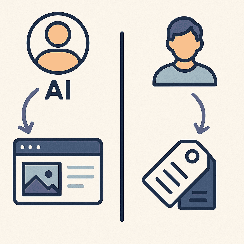  Illustration comparing AI and human tagging, with the left side showing an AI icon above a browser window connected by a purple arrow