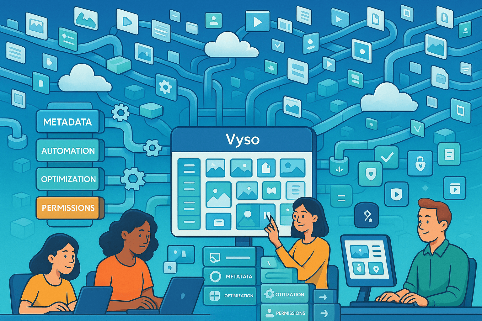 Illustration showing Vyso scaling effortlessly with millions of digital assets flowing through modular, cloud-based systems