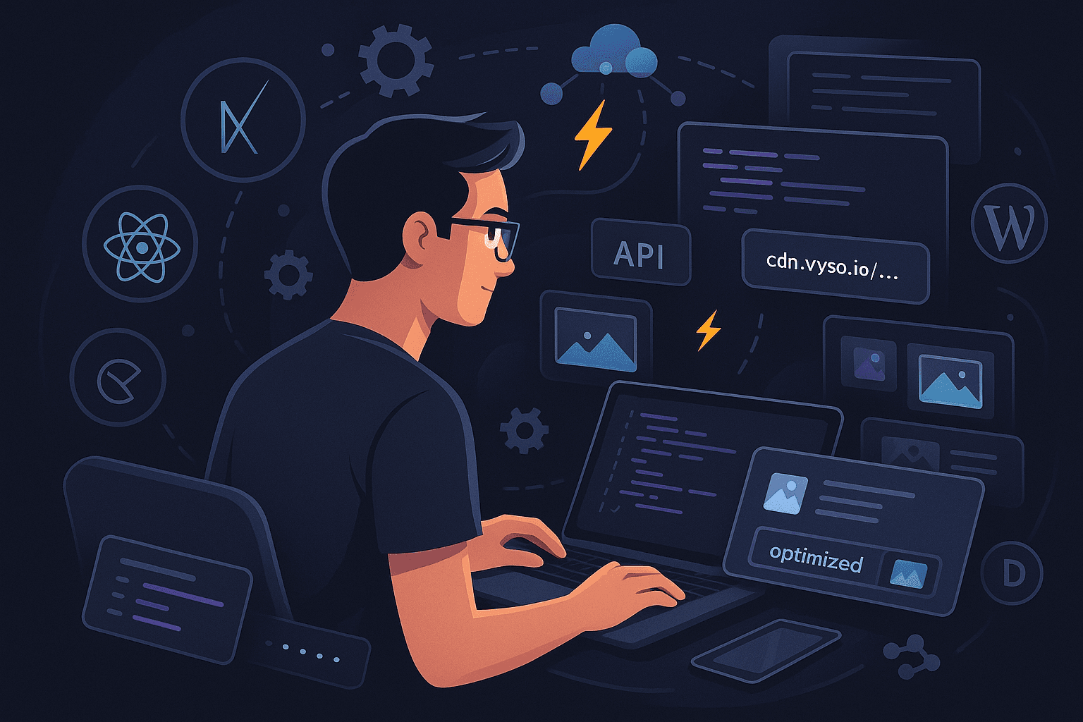 Illustration of a developer integrating Vyso with code, surrounded by tech stacks and optimized image URLs, symbolizing fast and flexible asset delivery