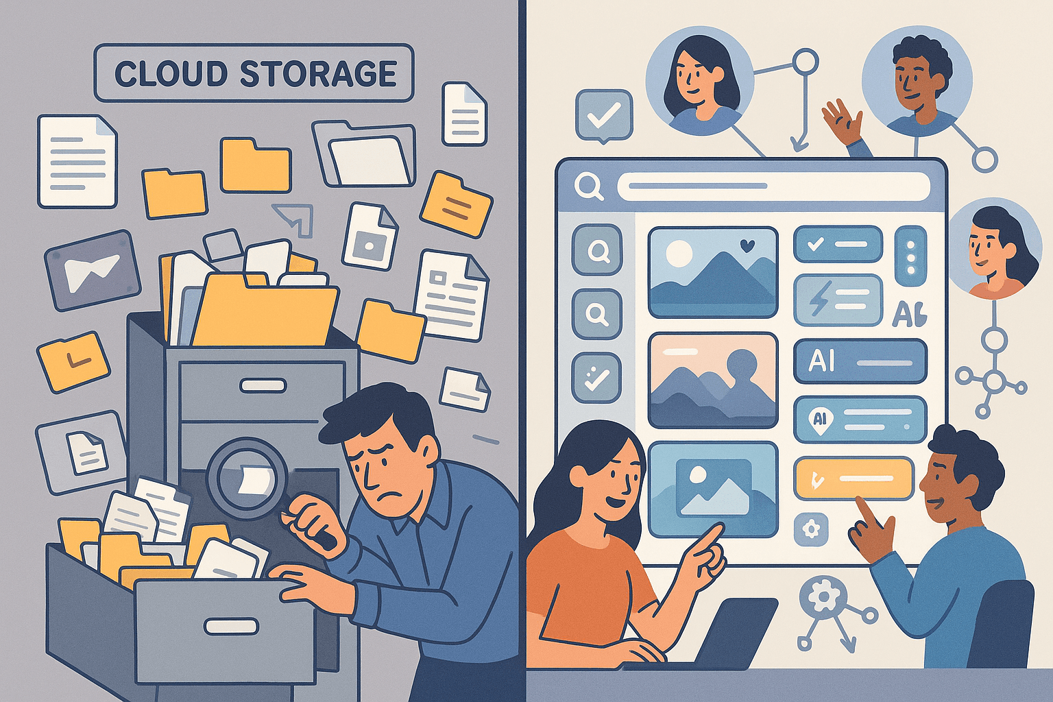 Illustration comparing Digital Asset Management (DAM) and cloud storage, showing a disorganized file system on one side and a streamlined DAM interface with AI tagging, metadata, and collaboration tools
