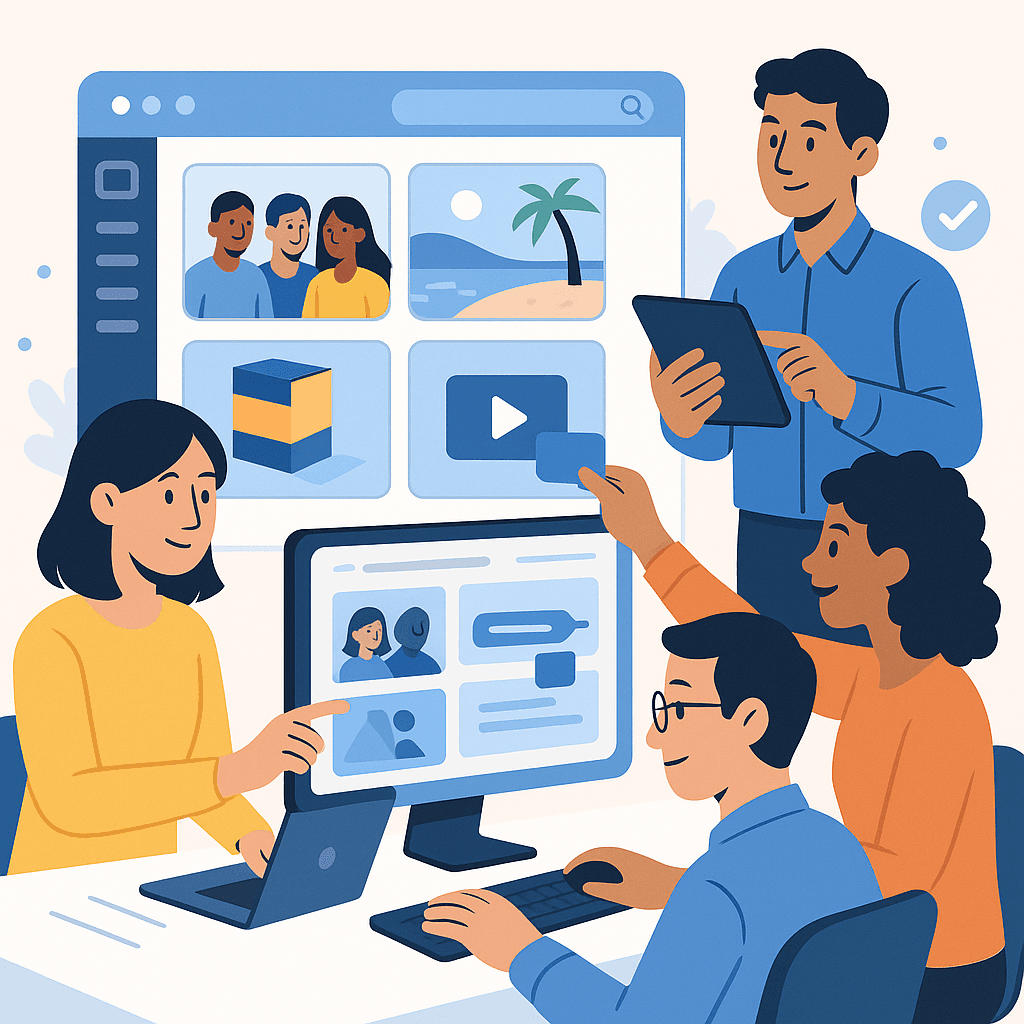 Illustration of a diverse creative team smoothly using a clean, intuitive DAM interface with previews, search, and fast asset access, representing Vyso’s focus on effortless user experience
