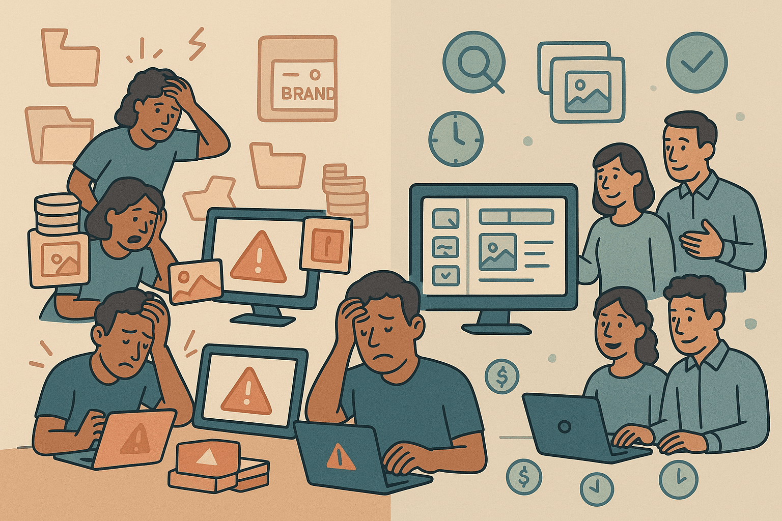 Illustration comparing disorganized asset management causing stress, wasted time