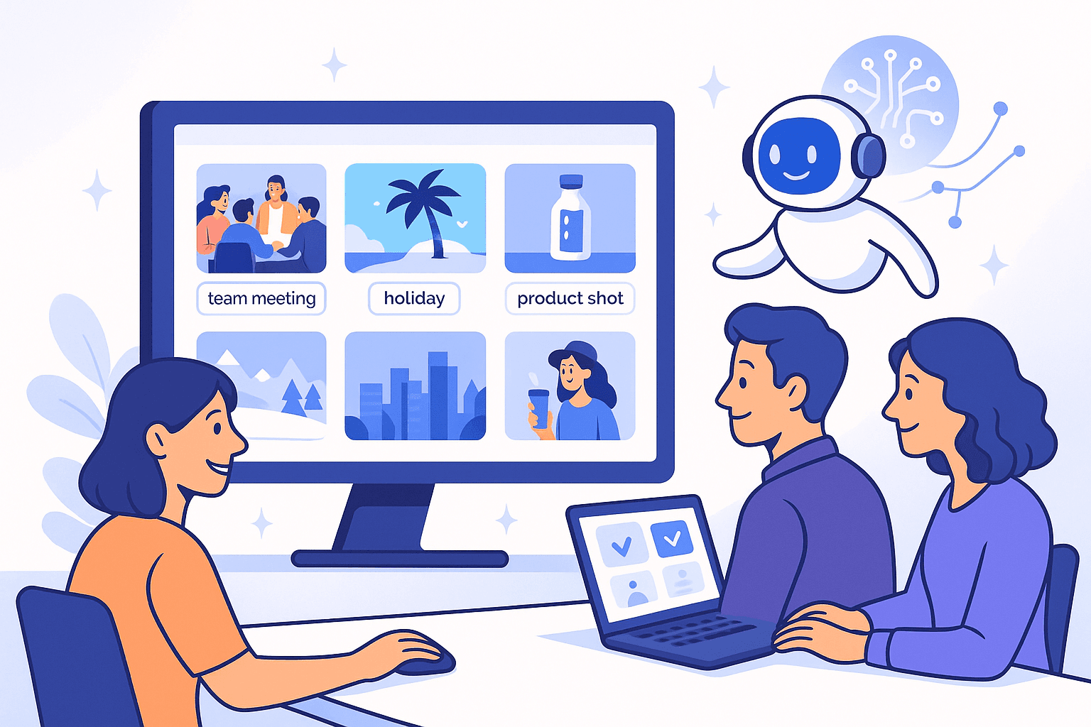 Illustration of an AI system auto-tagging images in a digital asset library while a creative team observes