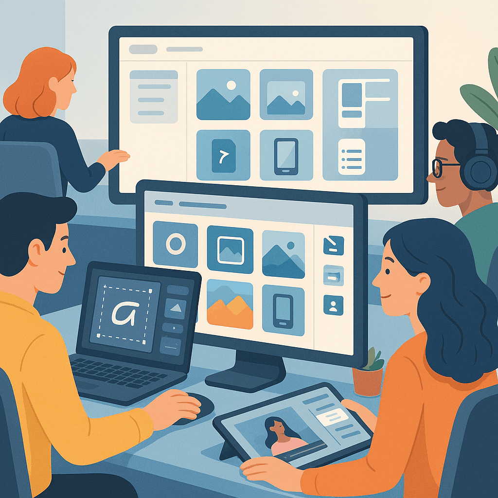 Illustration of creative professionals using Vyso to instantly access design assets, with smart search, version control, and seamless integration