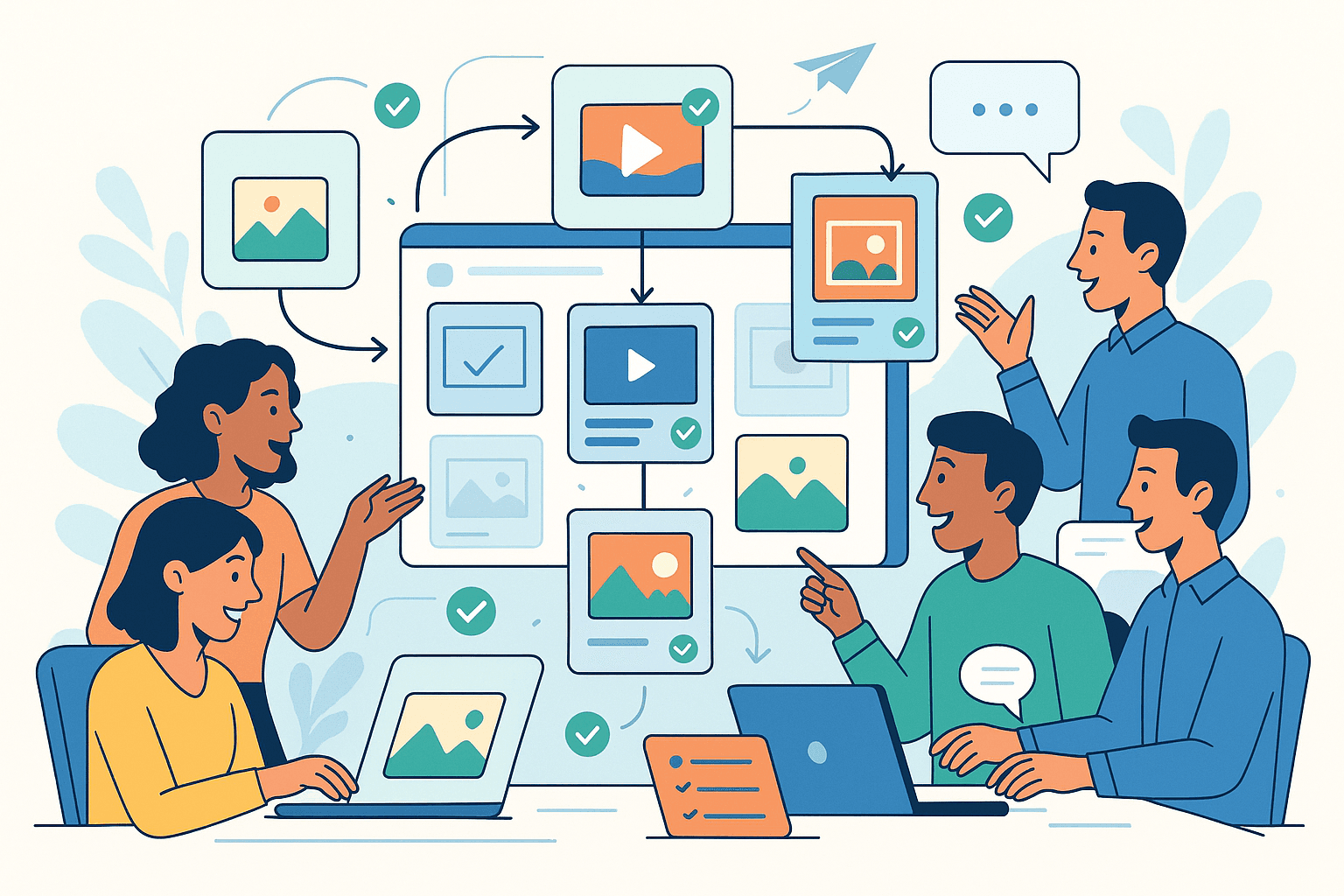 Illustration of a marketing team using Vyso to organize and launch a campaign, with approved assets, version control, and smooth collaboration across devices