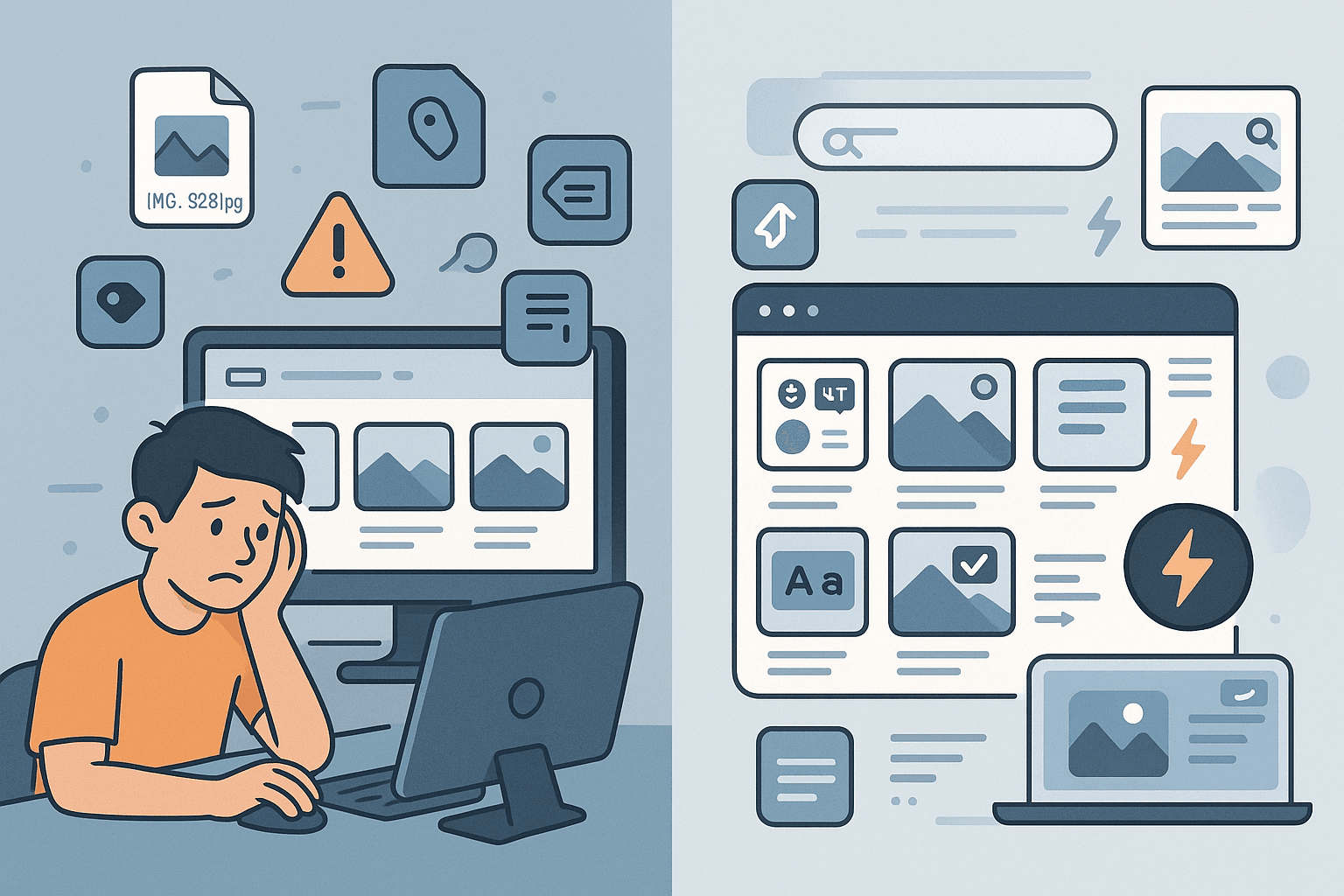 Illustration comparing poorly optimized images with missing alt text and bad filenames to SEO-optimized images using proper metadata