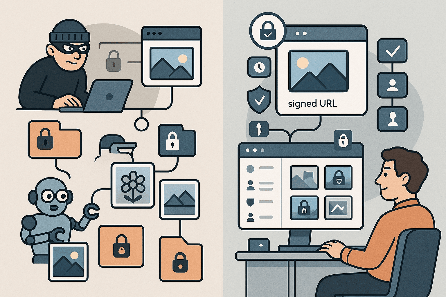 Illustration showing how Vyso DAM protects private images using signed URLs, role-based access, and hotlink prevention