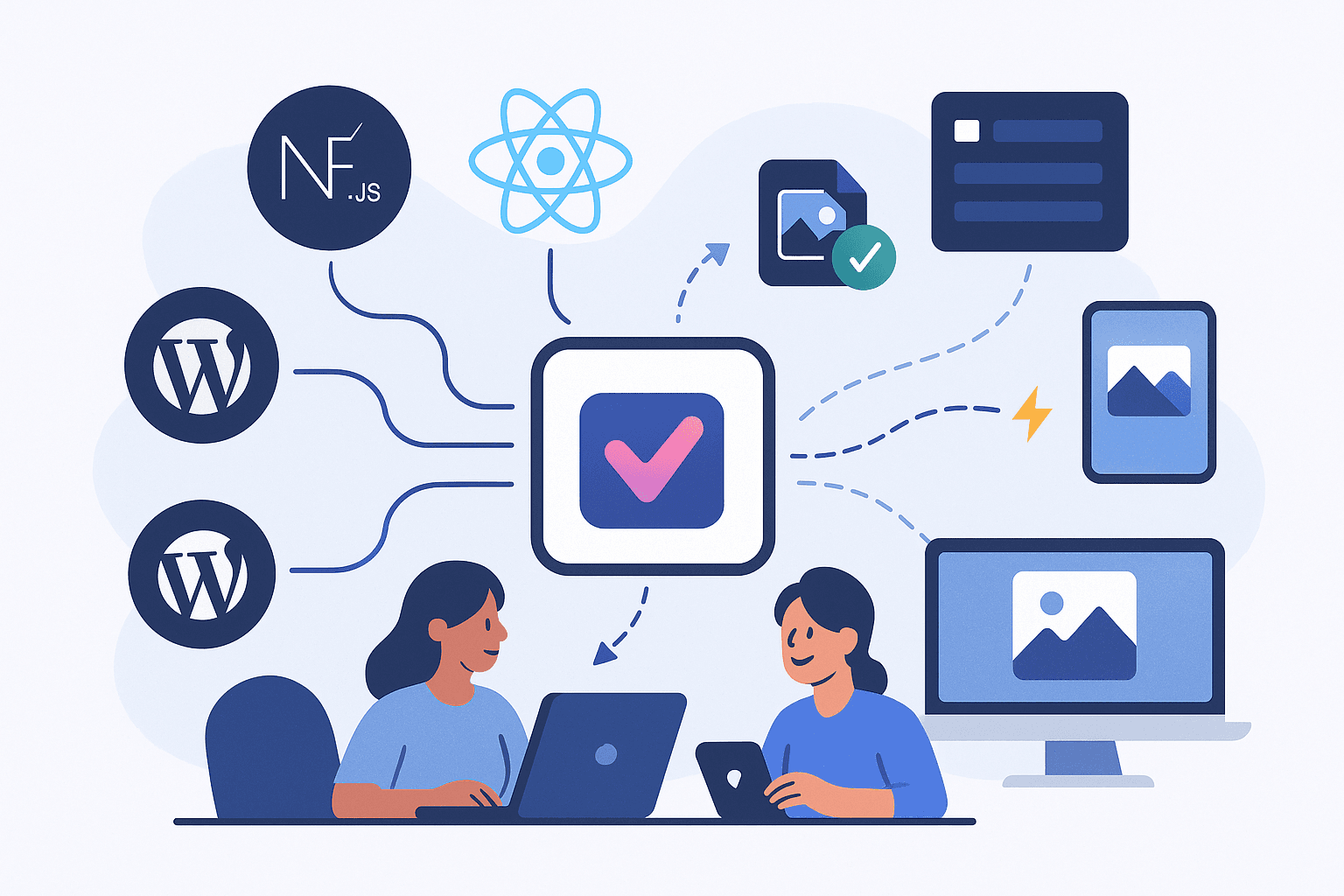 Illustration of Vyso DAM seamlessly integrating with a modern web stack including Next.js, React, and WordPress