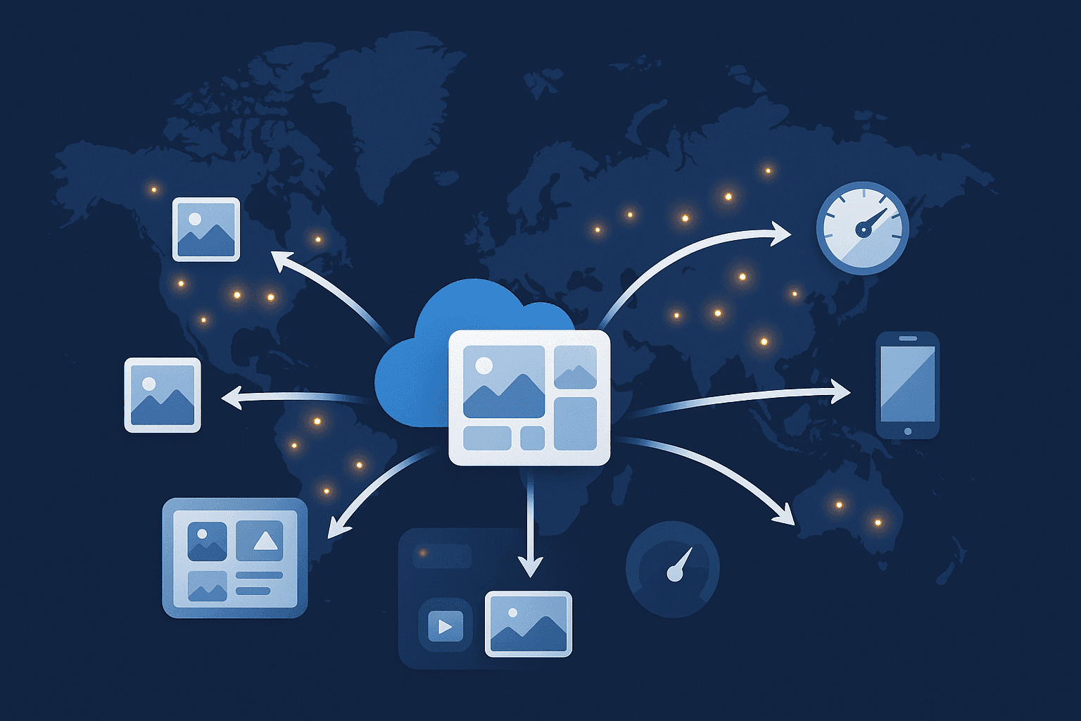 Illustration of Vyso’s global CDN delivering optimized images to users worldwide, highlighting fast, local delivery through edge servers across multiple regions