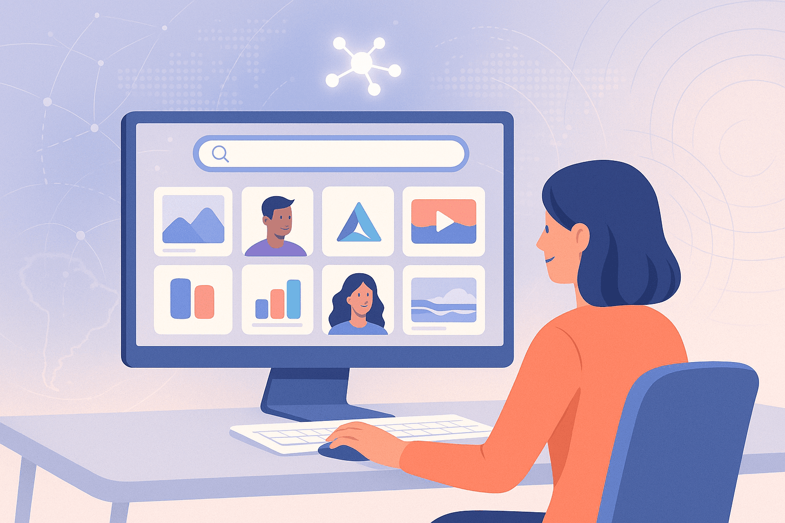Illustration of a user exploring digital assets with Vyso’s smart visual search, highlighting AI-powered discovery, visual similarity, and intuitive results