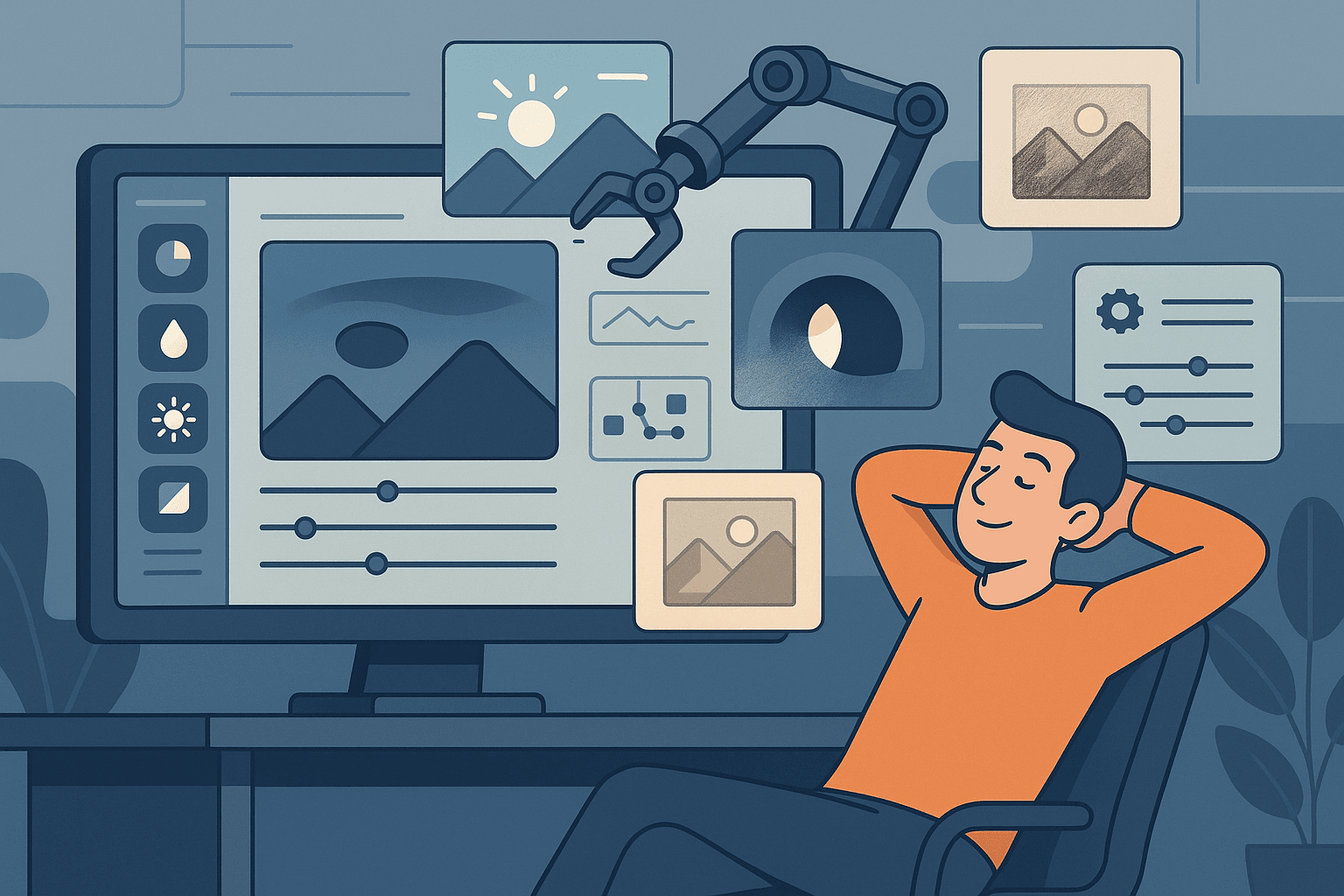 Illustration of Vyso automating image effects, filters, and adjustments, featuring a digital workspace