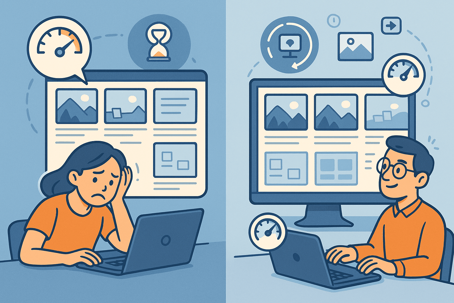 Illustration showing a comparison between slow full-page loading and optimized lazy loading, where images load smoothly on scroll using smart automation through a Digital Asset Management system