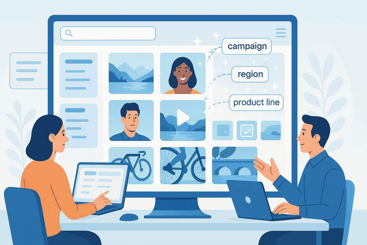 Illustration of a digital asset dashboard with smart metadata tags, filters, and visual search helping a team quickly find and manage content