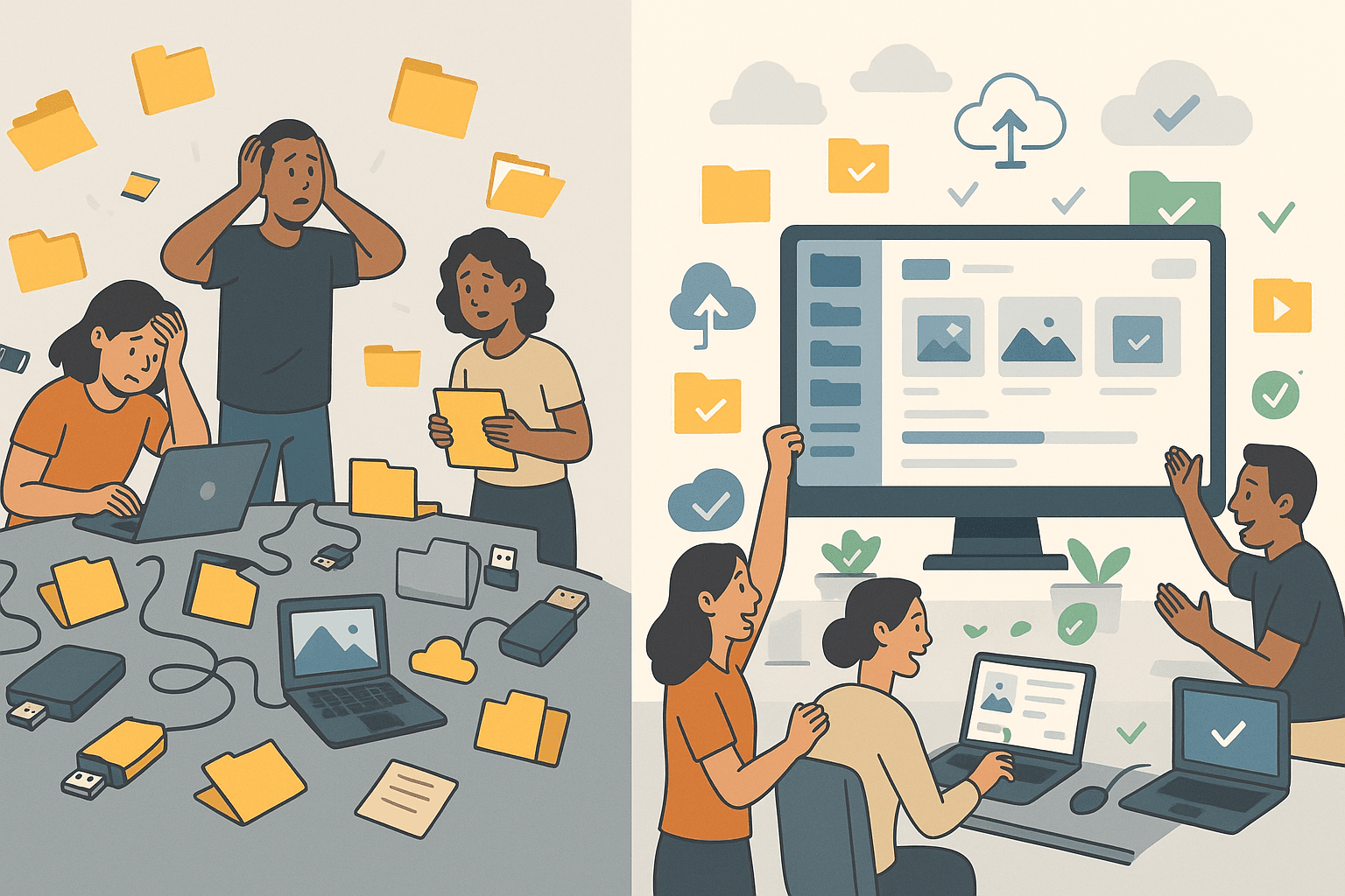 Illustration of a team migrating disorganized media files into a structured Digital Asset Management system