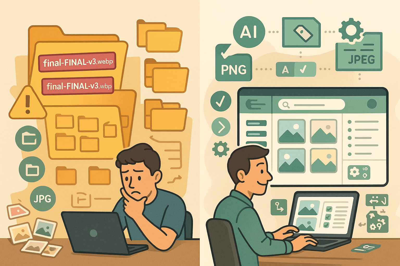 Illustration showing a cluttered, folder-based image library transformed into an organized Digital Asset Management system using tagging, AI metadata, smart search, and automated format generation