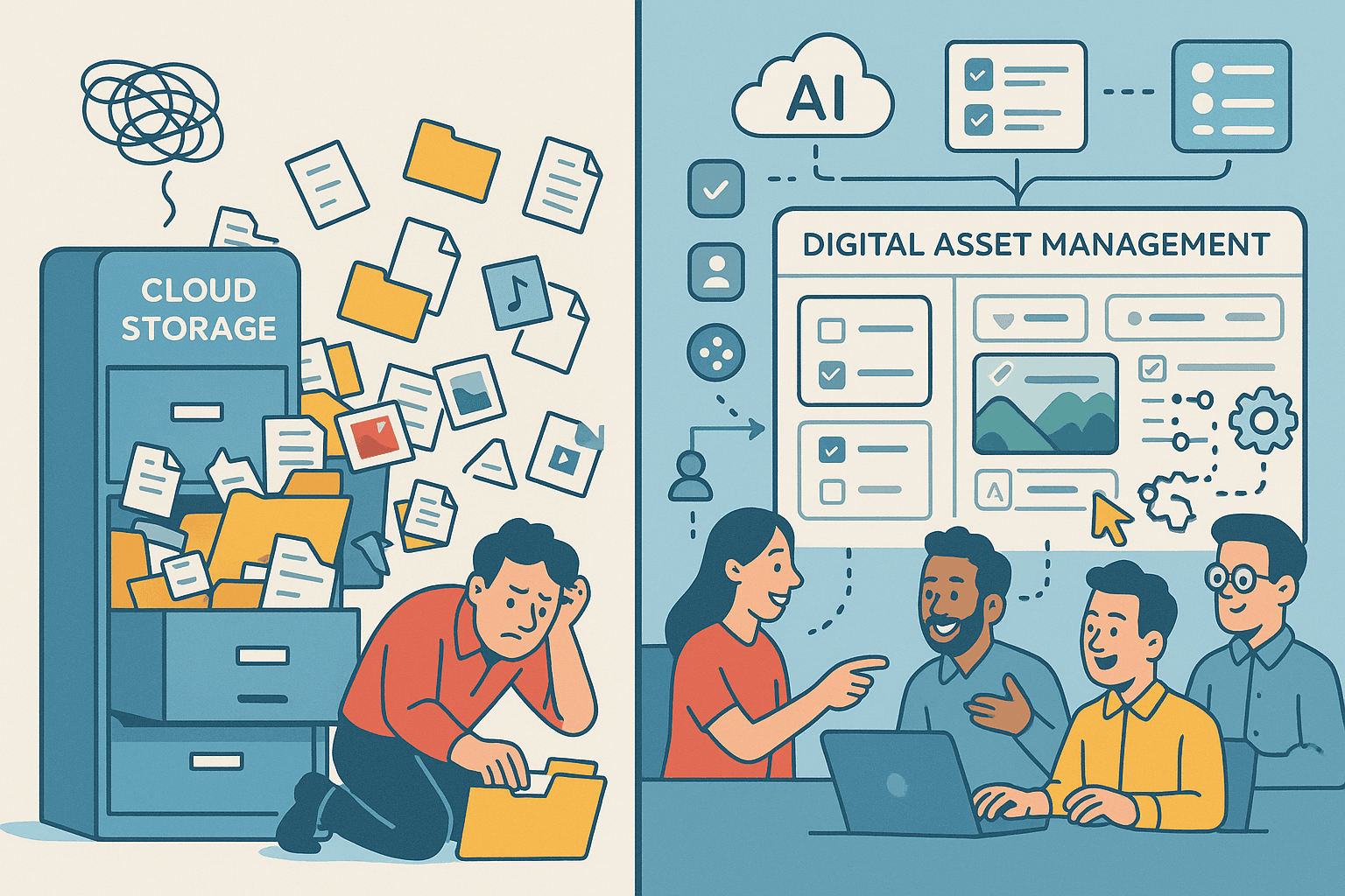 Evolution of Digital Asset Management (DAM) illustrated as a timeline from file cabinets and physical archives to modern cloud-based platforms with AI tagging, metadata, and global access, showing how content organization has advanced over time.