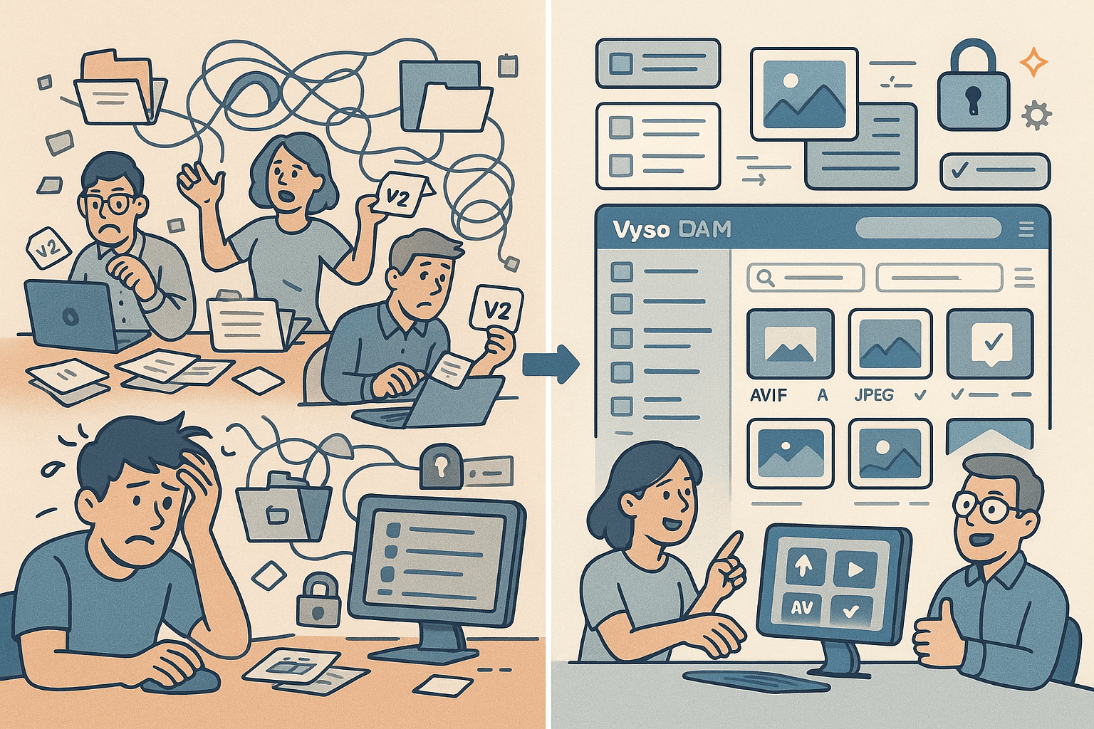 Illustration showing common digital asset challenges like version confusion, poor search, and unoptimized images
