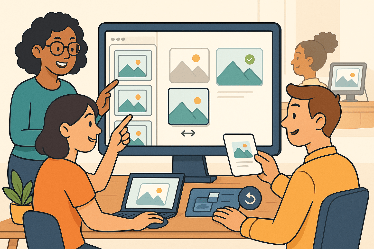Illustration of a creative team managing file versions in a sleek DAM interface, with one version marked approved and others easily compared or restored, showing Vyso’s intuitive version control features