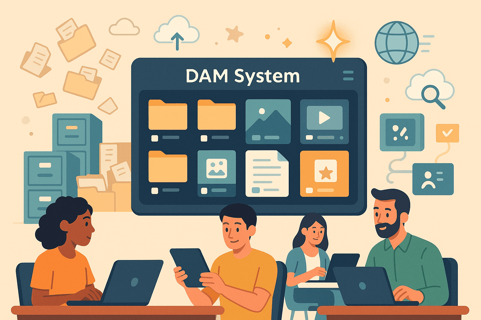 Illustration of a Digital Asset Management system organizing files like images, videos, and documents with AI tagging, metadata, and cloud access