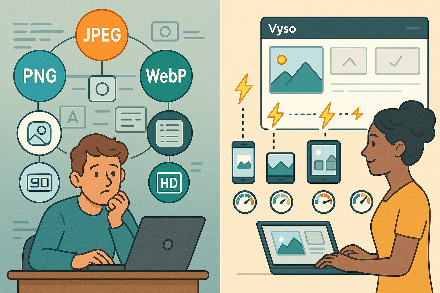 Illustration comparing common web image formats like JPEG, PNG, WebP, and AVIF, showing how a DAM system automatically serves the best format based on browser and device