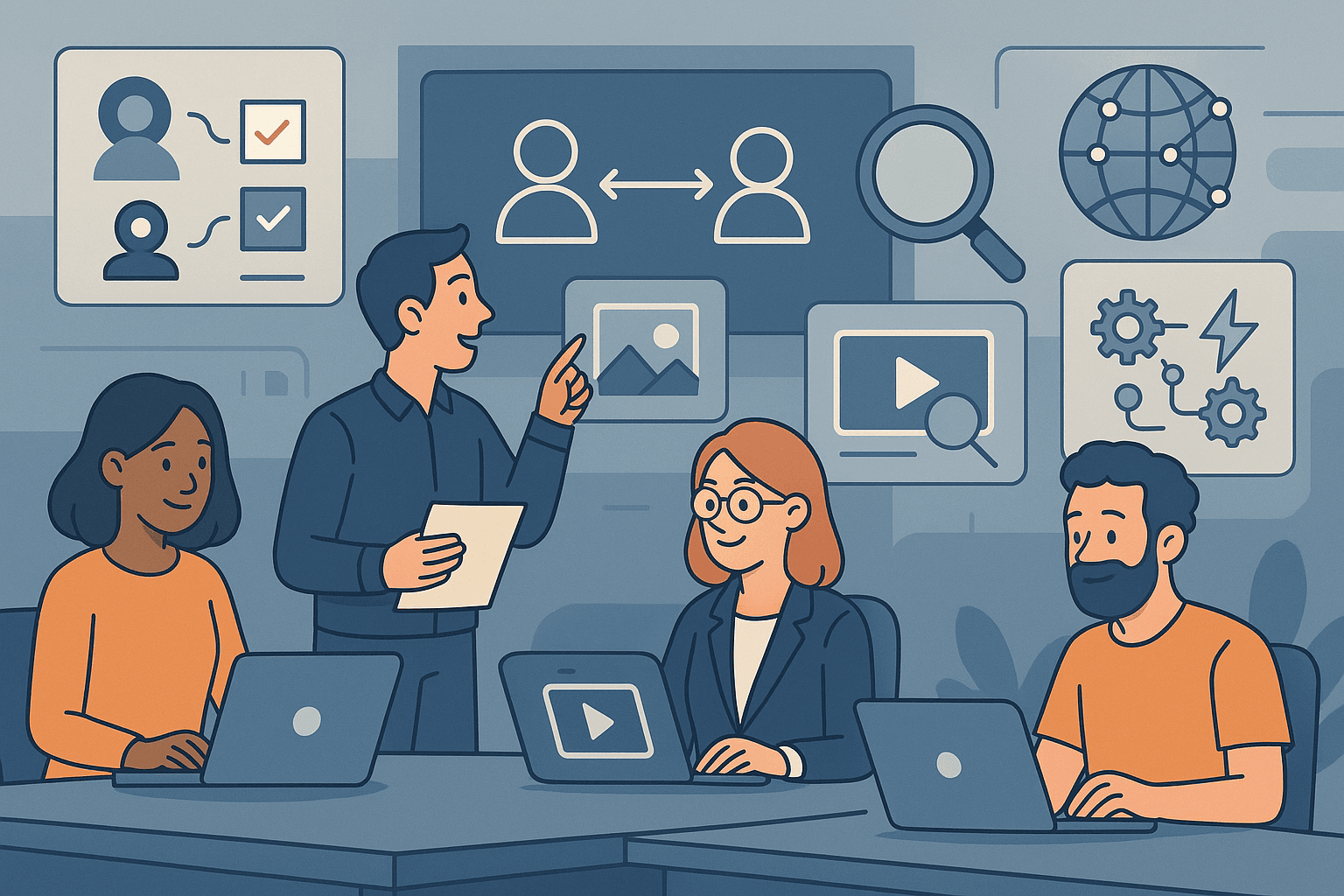 Illustration depicting the future of Digital Asset Management (DAM) with AI tagging, real-time collaboration, automation workflows, and metadata-driven search