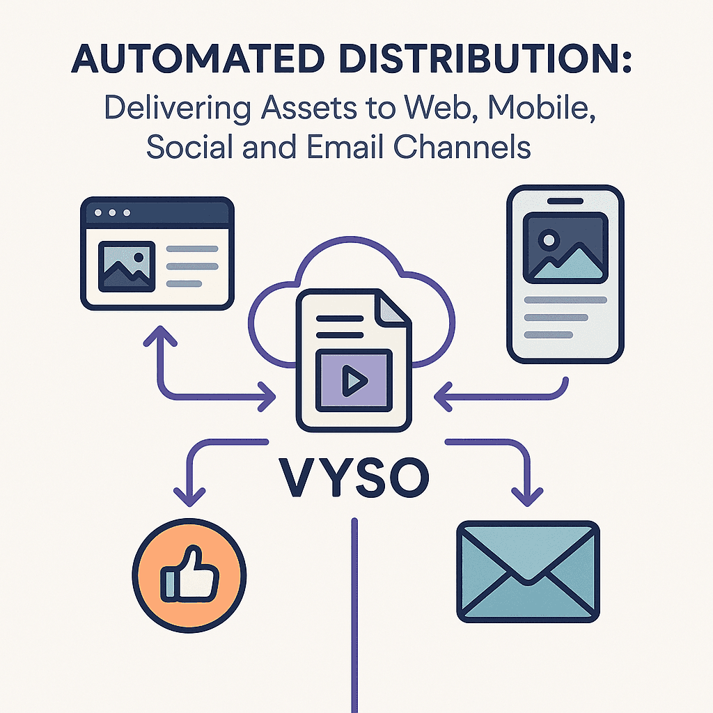 Illustration showing a central cloud icon with a document and play button labeled Vyso