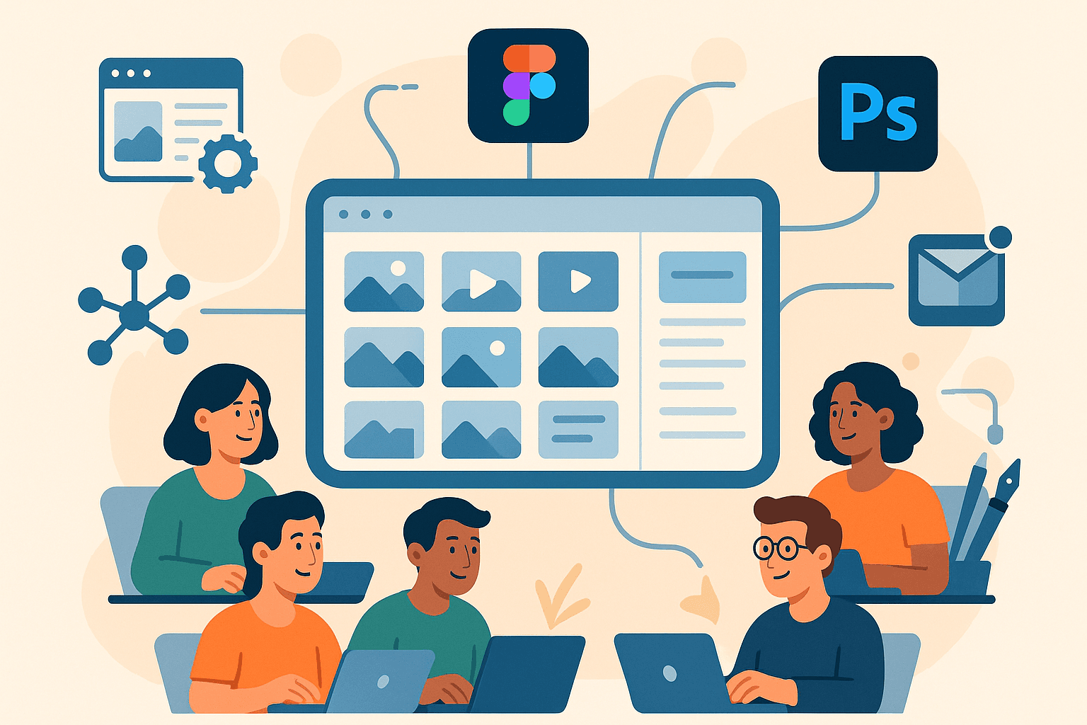 Illustration of Vyso DAM integrating smoothly with CMS platforms, design tools, and automation systems